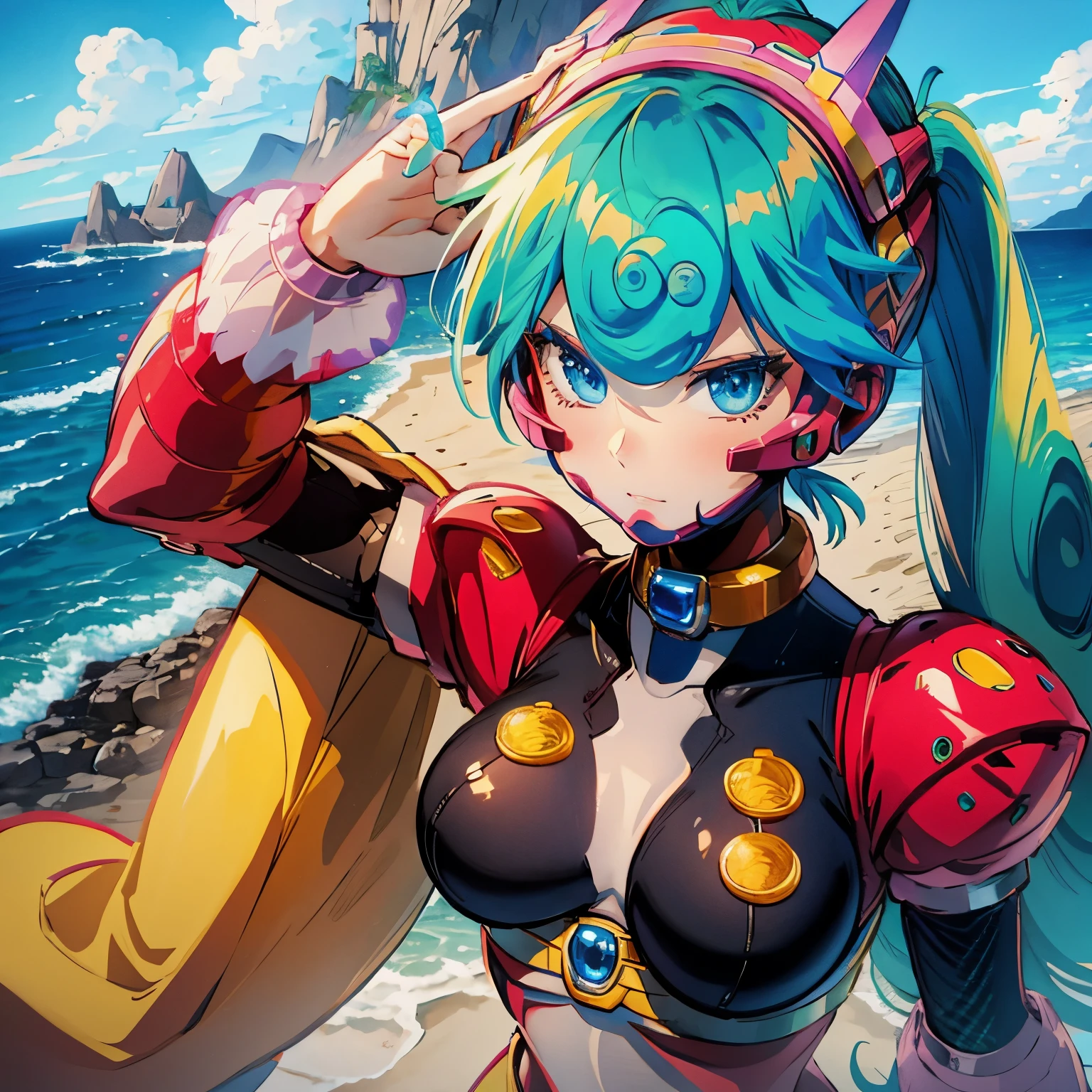 marino_megamanx, 1girl, green hair, blue eyes, ponytail, detailed face, breasts, masterpiece, high quality, overlooking the ocean on the edge of a rock, in the style of avian-themed, realistic yet stylized, villagecore, azure, orange and azure, dragoncore, aerial view