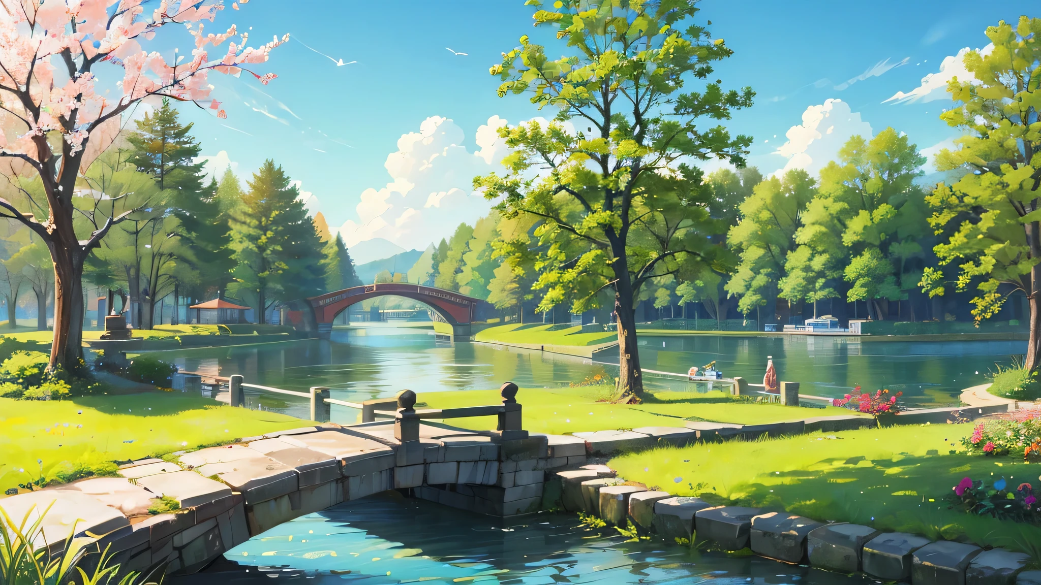 noon, green trees, willows flying, bright blue sky and white clouds, Small bridge and flowing water,there is a lake,Surrounded by green lawns and fragrant flowers, Gentle as jade, Water town paintings, laid back, real photography, 16K resolution--auto