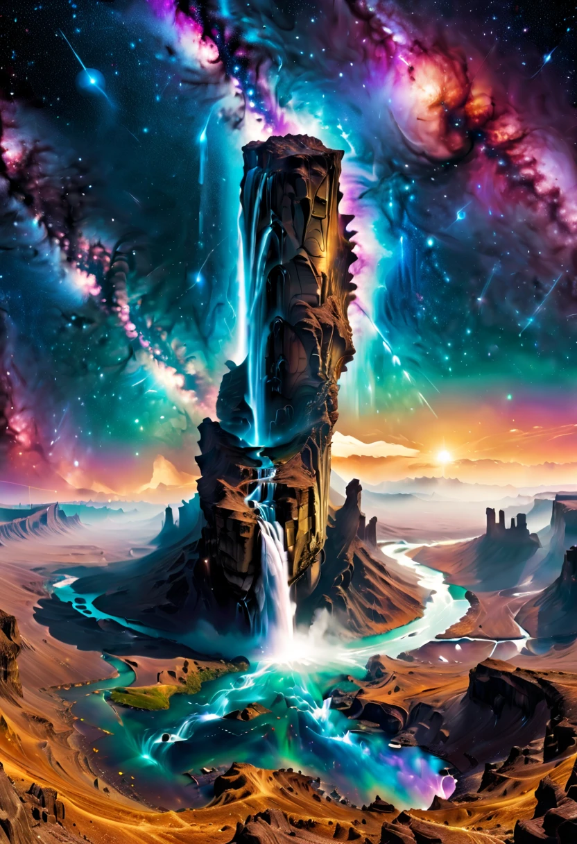 ((Aerial View))，A supremely beautiful Creation Pillar topped with the Milky Way pouring down like a waterfall, set in a cosmic landscape. This magnificent scene combines elements of fantasy and space, showing the pillar standing tall against a backdrop of stars, nebulae, and celestial bodies. The Milky Way's cascading flow is illuminated with vibrant colors, creating a stunning visual effect that resembles a cosmic waterfall. The scene is ethereal and awe-inspiring, highlighting the beauty and majesty of the universe.
