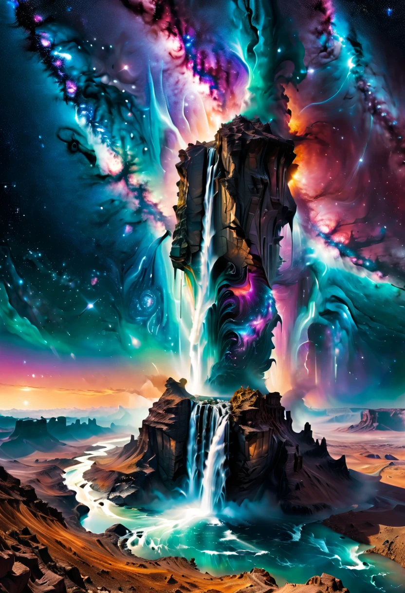 ((Aerial View))，A supremely beautiful Creation Pillar topped with the Milky Way pouring down like a waterfall, set in a cosmic landscape. This magnificent scene combines elements of fantasy and space, showing the pillar standing tall against a backdrop of stars, nebulae, and celestial bodies. The Milky Way's cascading flow is illuminated with vibrant colors, creating a stunning visual effect that resembles a cosmic waterfall. The scene is ethereal and awe-inspiring, highlighting the beauty and majesty of the universe.
