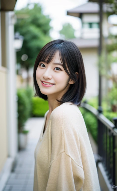 Portrait、8k、high quality、realistic photo images、24-years-old、japanese woman、neat wife、、housewife、Reproduces natural and realistic eyes、japanese stand、beautiful black hair、short hair、light makeup、octane rendering、beautiful lighting、composition of golden ratio、laughter、everyday wear、casual clothes、natural background、blurred background、High level image quality、Pure Japanese humanity、beautiful wife、Upper body、light makeup、No makeup、pure beauty、plain clothes、grey、beige、green、Plain color、casual clothes、slight smile、small black eyes、background bokeh