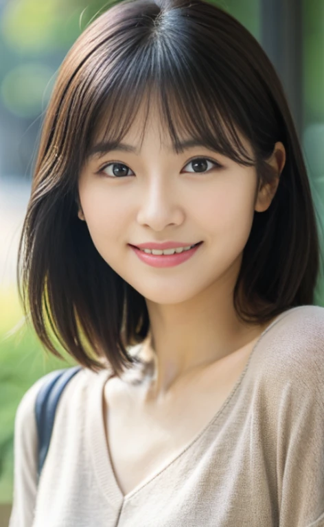 Portrait、8k、high quality、realistic photo images、24-years-old、japanese woman、neat wife、、housewife、Reproduces natural and realistic eyes、japanese stand、beautiful black hair、short hair、light makeup、octane rendering、beautiful lighting、composition of golden ratio、laughter、everyday wear、casual clothes、natural background、blurred background、High level image quality、Pure Japanese humanity、beautiful wife、Upper body、light makeup、No makeup、pure beauty、plain clothes、grey、beige、green、Plain color、casual clothes、slight smile、small black eyes、background bokeh