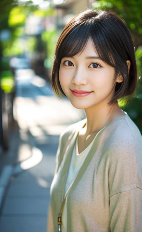 Portrait、8k、high quality、realistic photo images、24-years-old、japanese woman、neat wife、、housewife、Reproduces natural and realistic eyes、japanese stand、beautiful black hair、short hair、light makeup、octane rendering、beautiful lighting、composition of golden ratio、laughter、everyday wear、casual clothes、natural background、blurred background、High level image quality、Pure Japanese humanity、beautiful wife、Upper body、light makeup、No makeup、pure beauty、plain clothes、grey、beige、green、Plain color、casual clothes、slight smile、small black eyes、background bokeh