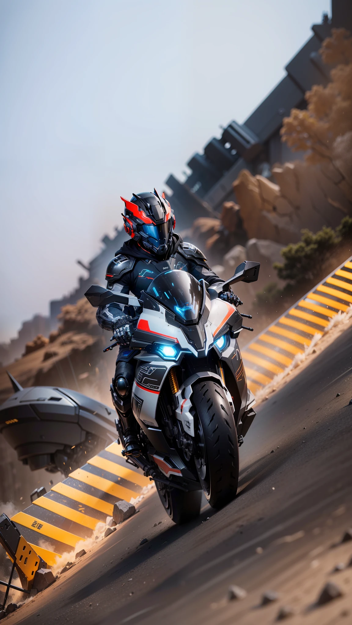 Handsome black mecha cyber warrior,Information mechanical motorcycle,High-tech black full-face helmet,Noor, Biomechanics SHN People,High-tech helmet,Surreal, steel, complex design, Very detailed very detailed, The lines are extremely clear, light, Real photos, detailed masterpiece