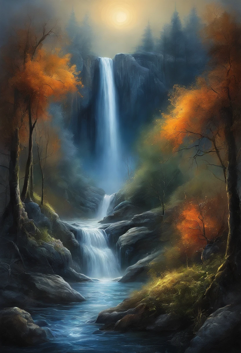 Fantasy landscape waterfall close-up close-up full moon night tone dark blue glowing light and shadow art mysterious atmosphere mysterious art magic glowing forest, lakeside, waterfall bokeh, Fog with multiple realistic intricate details, masterpiece, lifelike, Best quality photo quality.Ultra high definition movie master art fantasy work