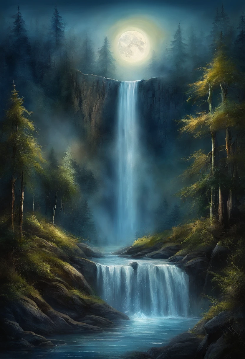 Fantasy landscape waterfall close-up close-up full moon night tone dark blue glowing light and shadow art mysterious atmosphere mysterious art magic glowing forest, lakeside, waterfall bokeh, Fog with multiple realistic intricate details, masterpiece, lifelike, Best quality photo quality.Ultra high definition movie master art fantasy work