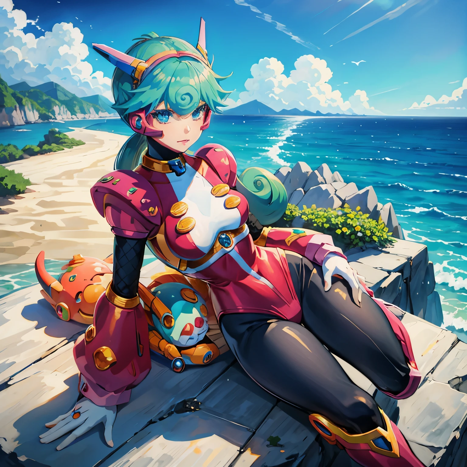 marino_megamanx, 1girl, green hair, blue eyes, ponytail, detailed face, breasts, masterpiece, high quality, overlooking the ocean on the edge of a rock, in the style of avian-themed, realistic yet stylized, villagecore, azure, orange and azure, dragoncore, aerial view