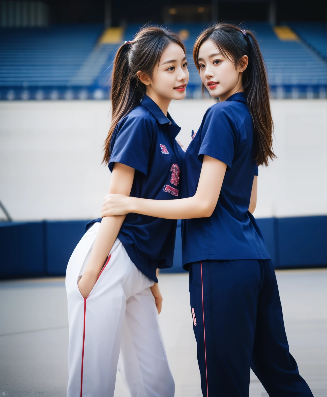 (best quality,10,10,height,Masterpiece:1.2),Special details,(realistic,ภาพrealistic,Realistic photos:1.37),1 cute girl on the football field,shiny, ผิวshiny,only,smile softly,BDclothelue shirt:1.3)),short sleeve,shirt, กางเกงขาlong.,(navy_long_track pants:1.1), ((stadium background:1.3)),Dynamic angle,excited,Face focus,dynamic poses,from behind,focus on ass,Masterpiece, best quality, ultra realistic, hyper-detail, 8K resolution, raw photos, Sharp focus, ((Navy blue shirt:1.1)), short sleeve, เส้นทางlong, perfect body, 2 mature women, 18 years old, Cinema-grade lighting system,blue sweatpants,shirtผ้าออกกำลังกาย,correct anatomy,perfect body, correct body, Sharp face, correct bodyทางกายวิภาค, full body, realistic gestures, long-haired, realistic poses,Wear long shorts................................,ช่วงขาlong,Good shape,carved girl, Slender figure, model, Good shape, beautiful body,blue sweatpants, two girls kissing
