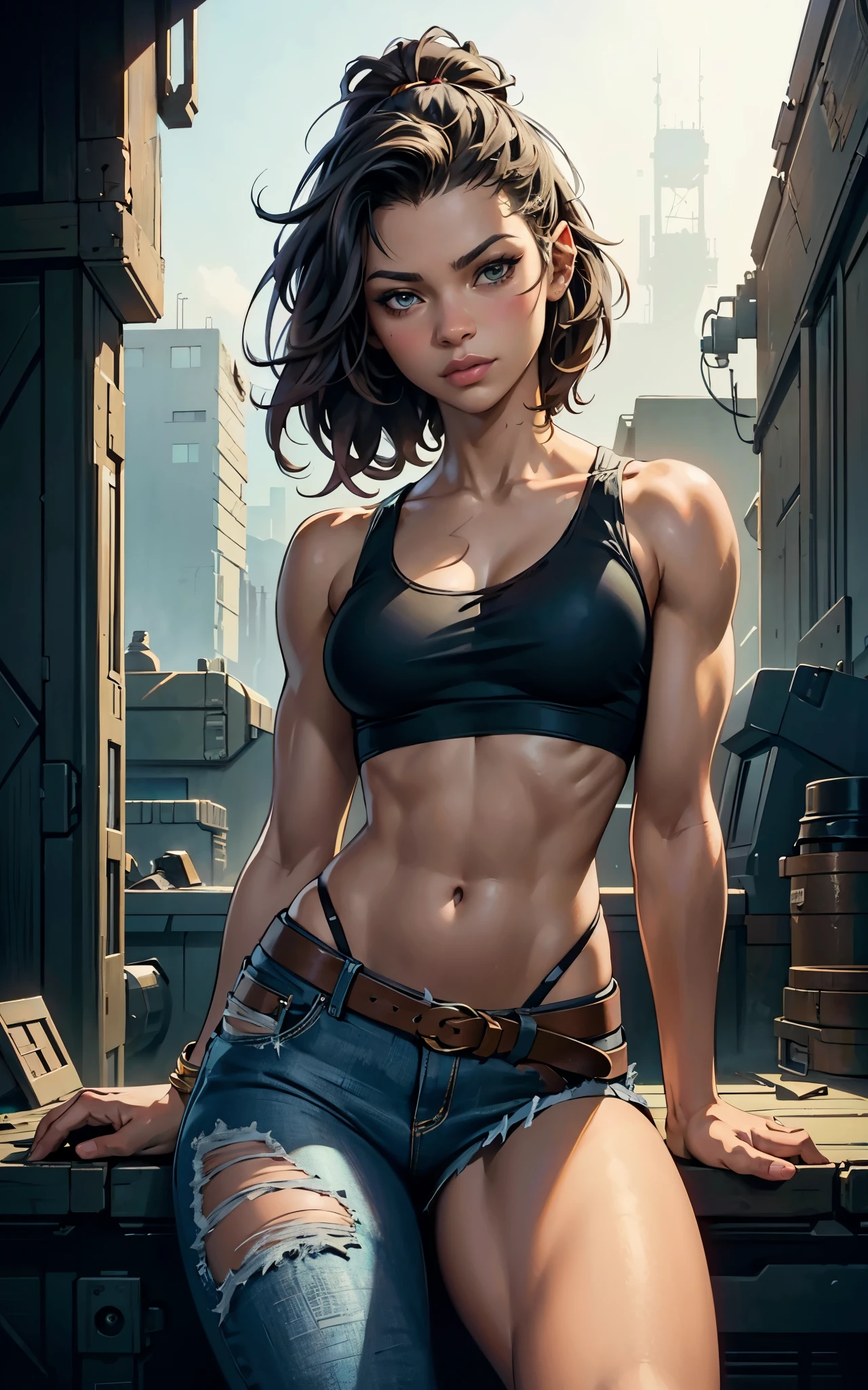 (Zendaya:Evangeline Lilly) ,sitting on some stairs, ripped jeans, tank top, ((pulls up her shirt)) , slightly muscular, Beautiful anime waifu style girl, hyperdetailed painting, luminism, art by Carne Griffiths and Wadim Kashin concept art,  post-apocalyptic background, abstract beauty, approaching perfection, pure form, golden ratio, minimalistic, dark atmosphere, unfinished, concept art, intricate details, 8k post production, high resolution, hyperdetailed, trending on artstation, sharp focus, studio photo, intricate details, highly detailed, by Jon Bauer