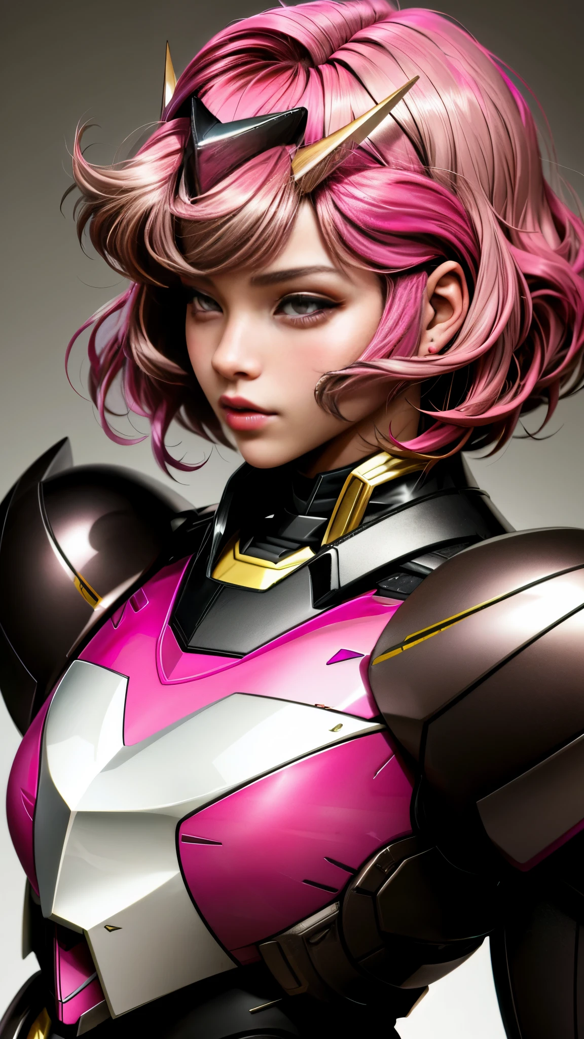 Realistic black Sozabi girl photo，Shortcut Bob Cut，I have a lot of hair，brown eyes，Hair color is bright pink，cool look，background is gray， daughter of Haman Khan and Char Aznable.