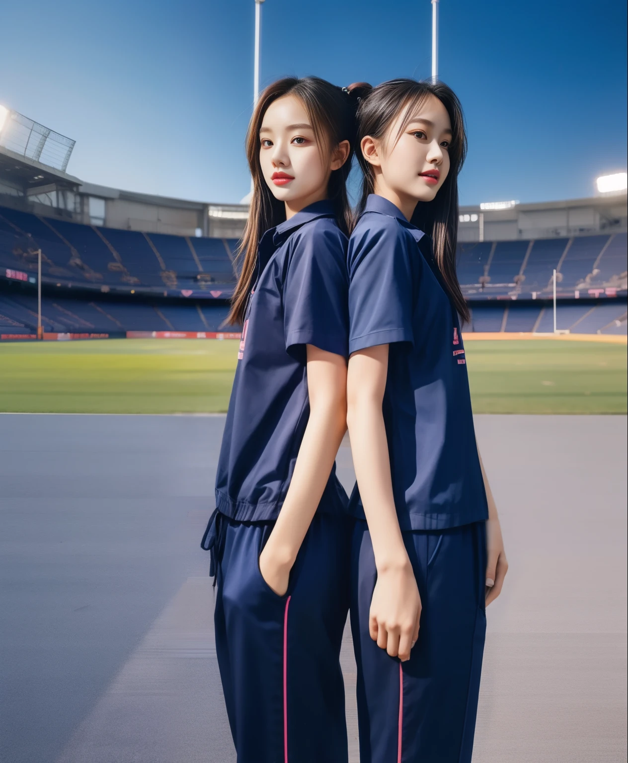 (best quality,10,10,height,Masterpiece:1.2),Special details,(realistic,ภาพrealistic,Realistic photos:1.37),1 cute girl on the football field,shiny, ผิวshiny,only,smile softly,BDclothelue shirt:1.3)),short sleeve,shirt, กางเกงขาlong.,(navy_long_track pants:1.1), ((stadium background:1.3)),Dynamic angle,excited,Face focus,dynamic poses,from behind,focus on ass,Masterpiece, best quality, ultra realistic, hyper-detail, 8K resolution, raw photos, Sharp focus, ((Navy blue shirt:1.1)), short sleeve, เส้นทางlong, perfect body, 2 mature women, 18 years old, Cinema-grade lighting system,blue sweatpants,shirtผ้าออกกำลังกาย,correct anatomy,perfect body, correct body, Sharp face, correct bodyทางกายวิภาค, full body, realistic gestures, long-haired, realistic poses,Wear long shorts................................,ช่วงขาlong,Good shape,carved girl, Slender figure, model, Good shape, beautiful body,blue sweatpants, two girls kissing