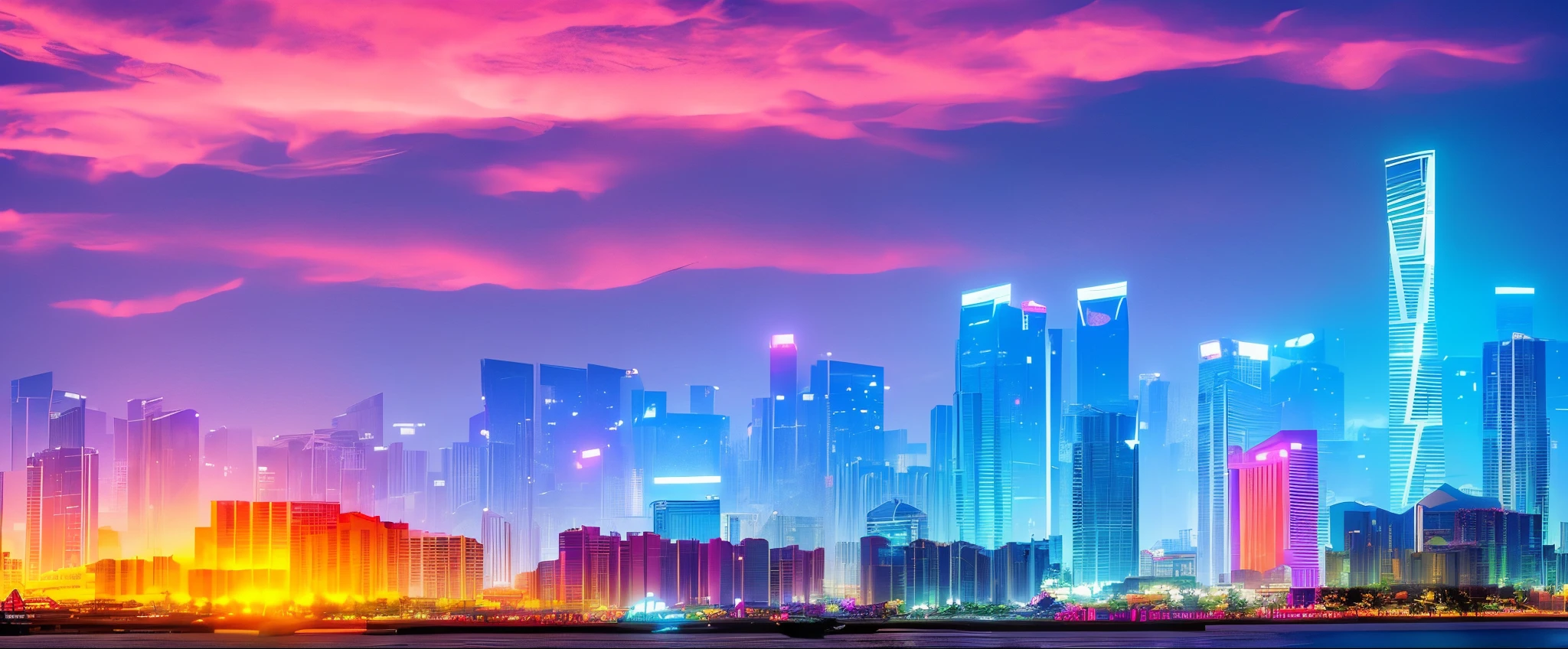 (masterpiece), Shenzhen, China，Advanced cyberpunk city, The sky is clear, The background is the sea, many buildings, beautiful sunset, d perspective, decorate.