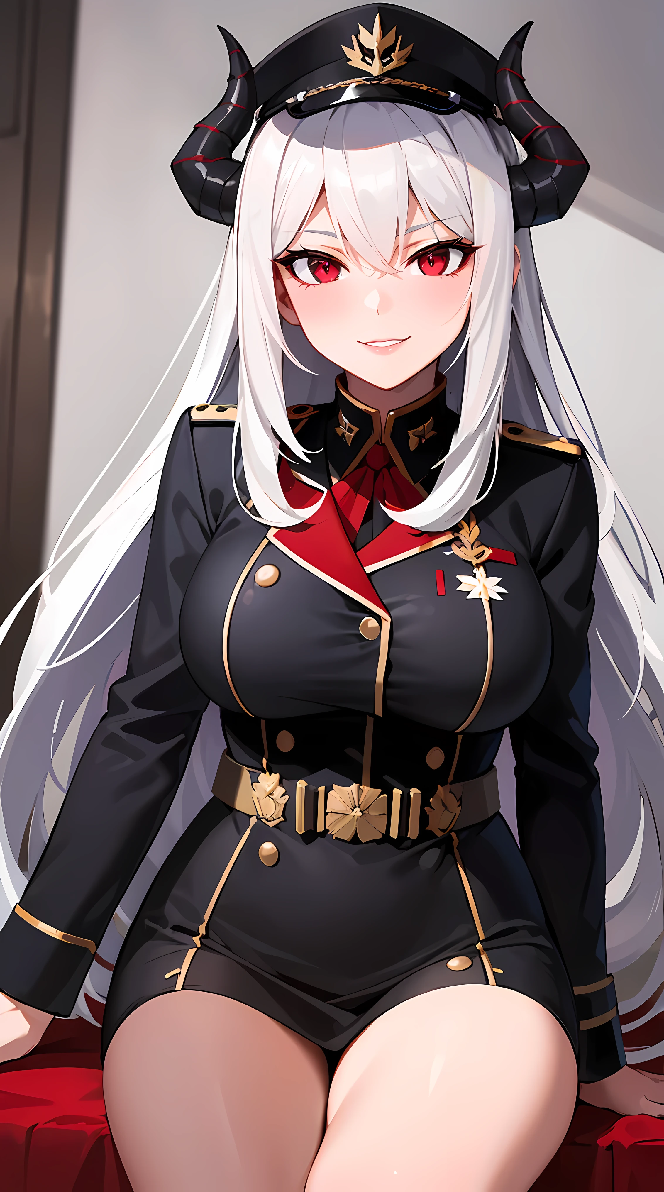 1girl, solo, mature lady, milf, beautiful character design, cg unreal engine, hd, 4k, full shading, perfect shading, professional art, extremely detail character design, a girl with long white hair wearing black theme soldier uniform, happy, smug, red eyes color, red lips, half body shot, looking at viewer