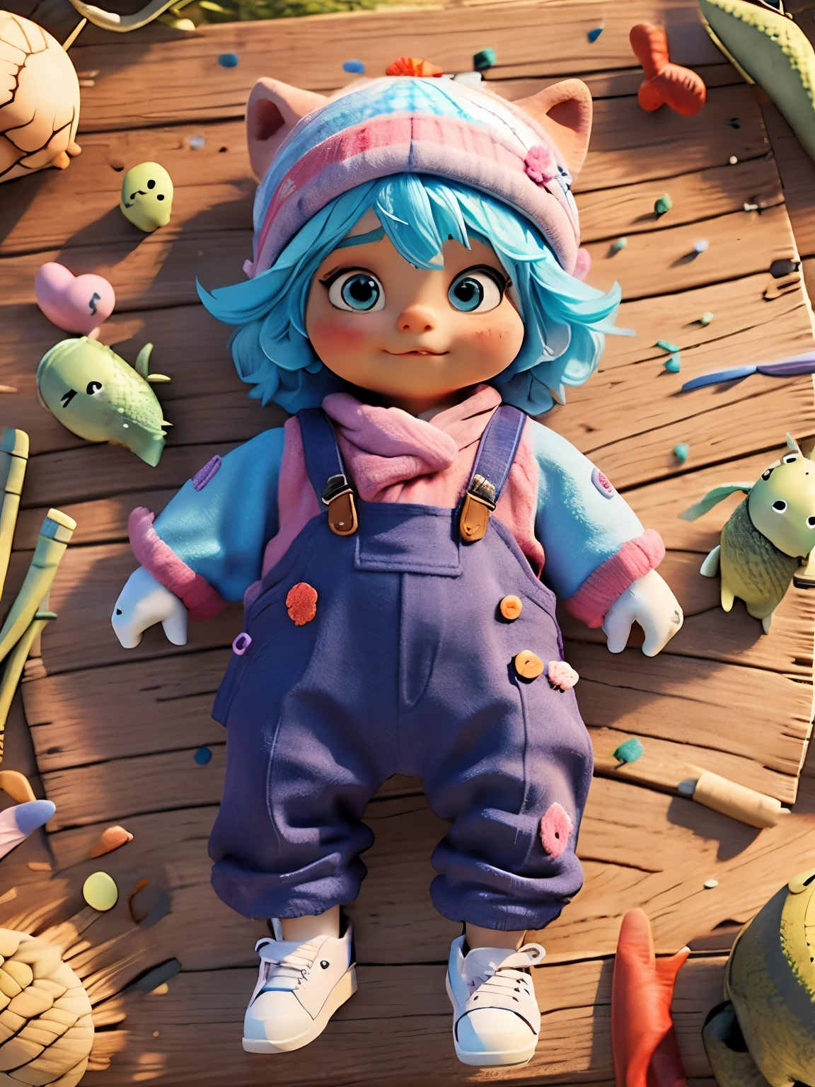 turtle,male,Easter,doll,suit,Little flower hat,Clothes overalls,shirt,Clothes color blue,pattern,note pattern,Pink accents,full body picture