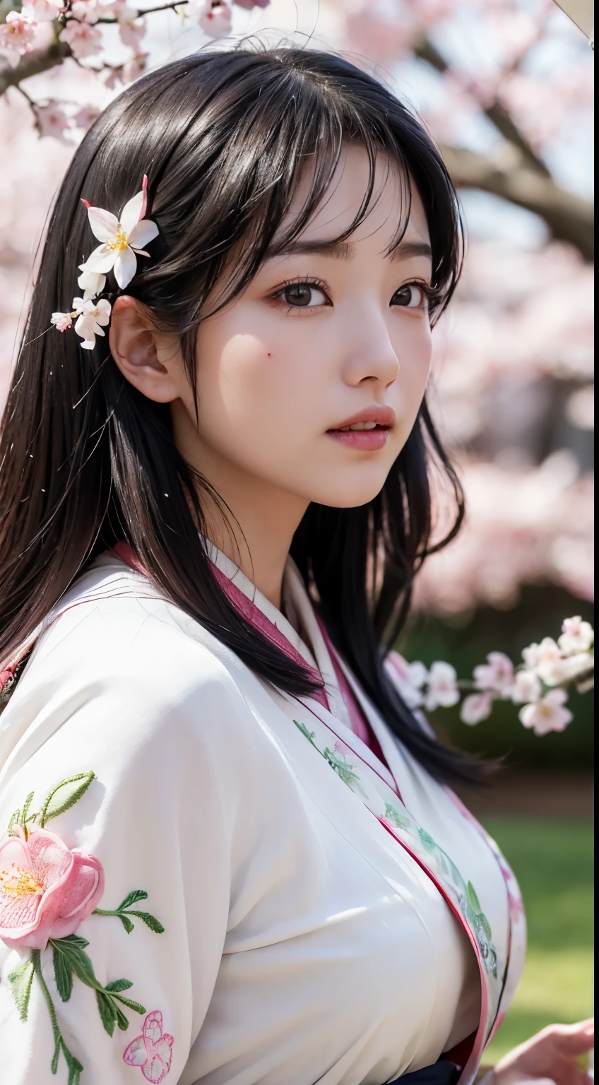 (logo、masterpiece、8k、table top、RAW photo、wonderful、最high quality、Photorealistic and hvery detailed CG integrated 8k wallpaper、high quality、very detailed、Narrative poem、particle effects、dynamic effects、written boundary depth、cinematic light、Lens flare、ray tracing)、fantasy、 (1 beautiful woman、white kimono、Japan Dress、white cherry blossom pattern、White cherry blossom embroidery pattern、black haired、beautiful face、real face、beautiful details eyes beautiful skin)、Hair flutters in Wind、hair bounces、pink cherry tree、petals dance、SakuraFubuki、wonderful景色、sunrise、sun on background、Wind、god々、teeth、god話、vast land