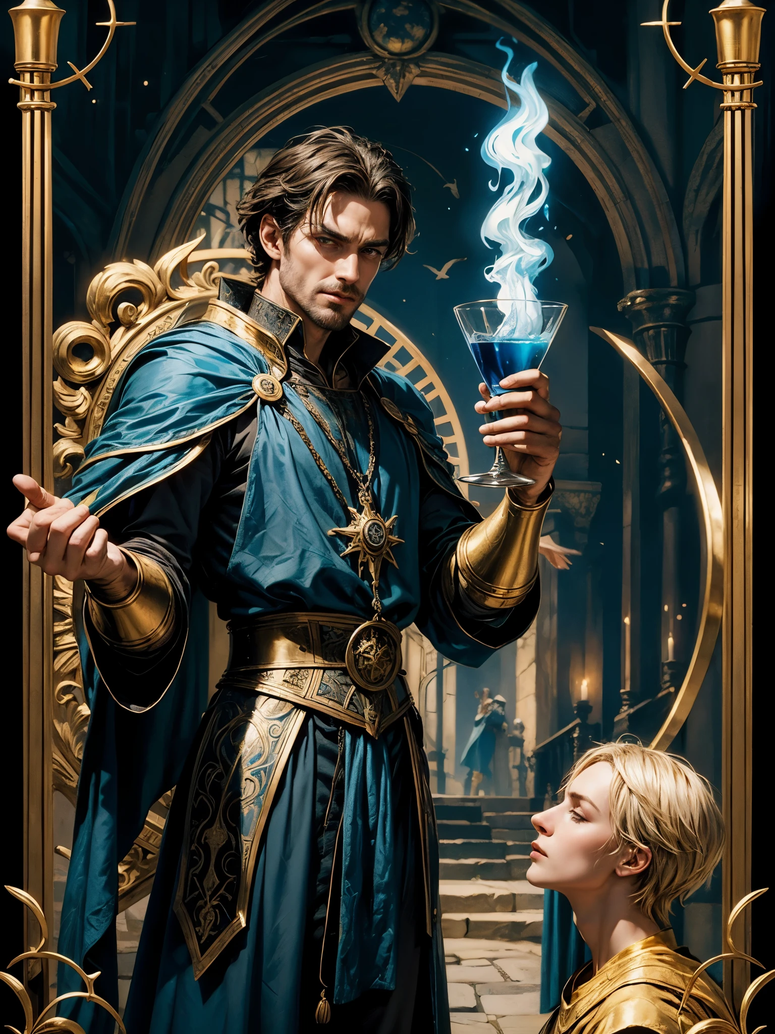 page of cups tarot card, man in medieval clothes holding an ancient grail, stylized in blue and gold colors, full hd, hyper realistic, the best quality