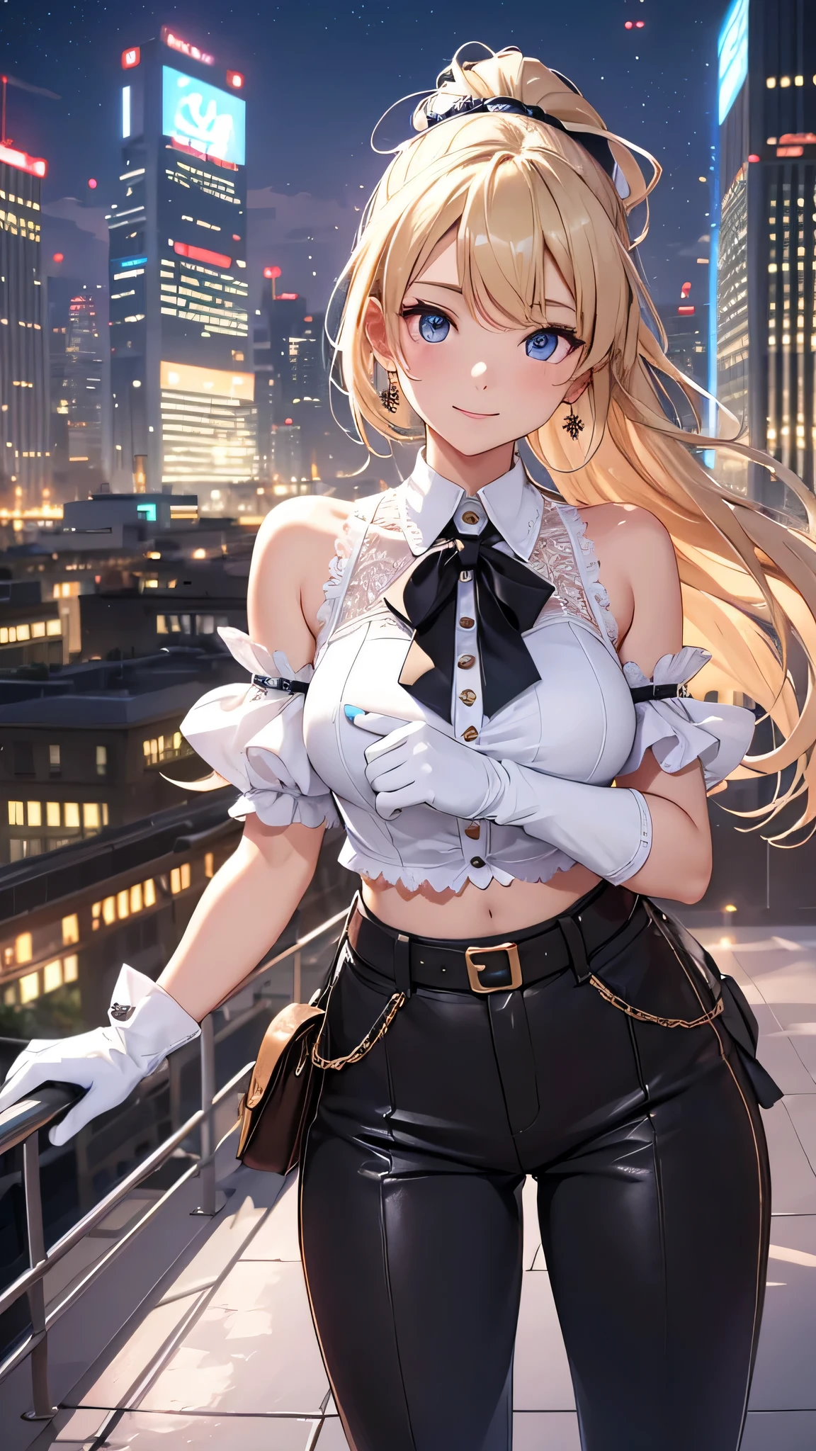 最high quality、best image quality、masterpiece、girl((20-year-old、 By becoming、vest bust、medium bust,wide open breast tea、shining eyes, blonde、long hair、thin,highest valley、ponytail、Very short shirt、short belly sports pants、cool pose、Please bring your smartphone、sweating、smile、forward leaning movement、diamond earrings、white gloves)),high quality、beautiful art、background((Rooftop with great atmosphere at night、beautiful illumination))、Flight、debris flies、Depth of written boundary、movie、visual art、perfect art、8k,genuine、