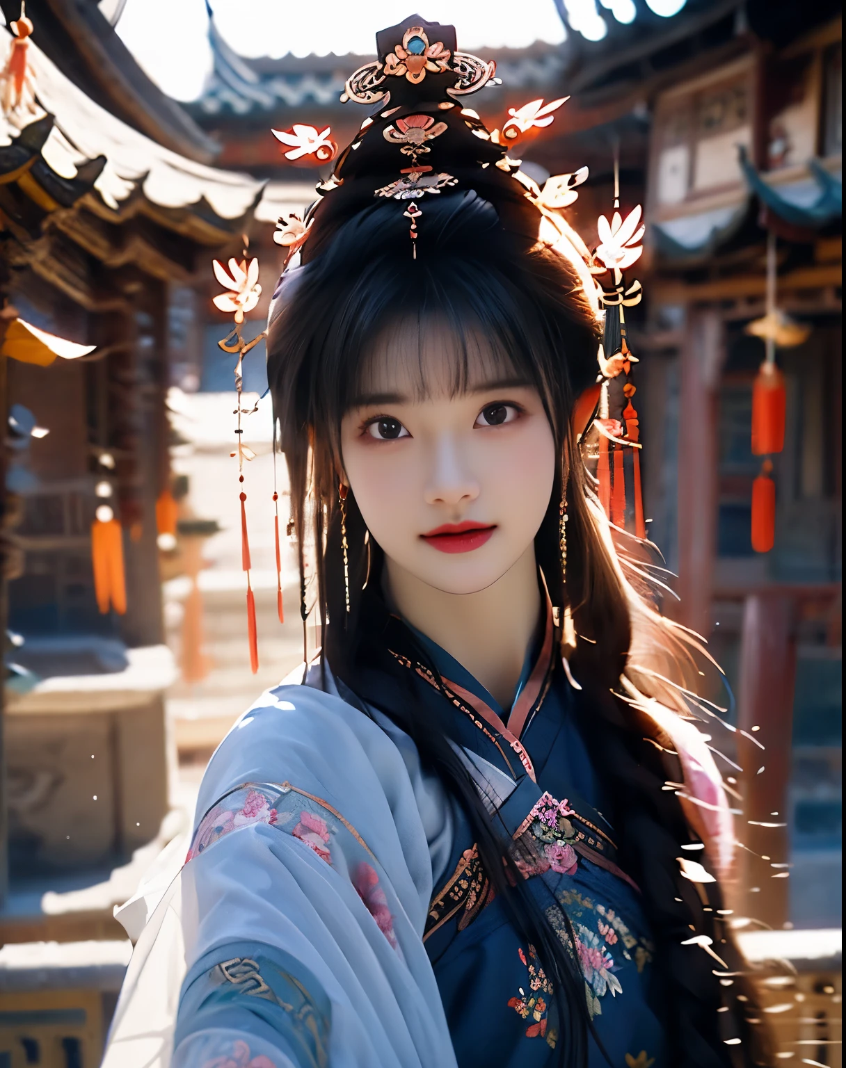 (8k, original photo:1.2), best quality, ultra high resolution,dramatic angle,(Fluttering detail color splash), (illustration),(((1 girl))),(long hair),(rain:0.9), (headgear:1.4),There is an ancient palace next to the girl,Hanfu,(focus),color ink painting,(Splash color),Splash color,(((rich and colorful))),(sketch:0.8) , masterpiece, best quality, beautiful painting, high detailed,(Denoise:0.6),[splash ink],((Ink refraction)), (beautiful detailed sky),moon,high,detailed,(masterpiece, best quality, Very detailed） CG unity 8k壁纸，masterpiece，best quality，Super detailed），（Lycoris），