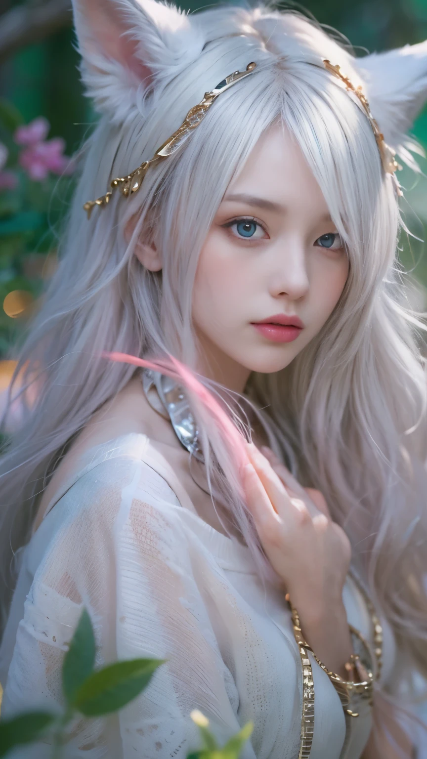 masterpiece，Ultra high quality，panoramic，the only person，live model，1 White-haired girl with fox ears，pink highlights，colorful clothes，bare shoulders，five fingers，in the forest at night，full-body shot，Super detailed，Exquisite eyes and facial features，perfect appearance，Fire source lighting effect，，light occlusion，dusk，Twilight