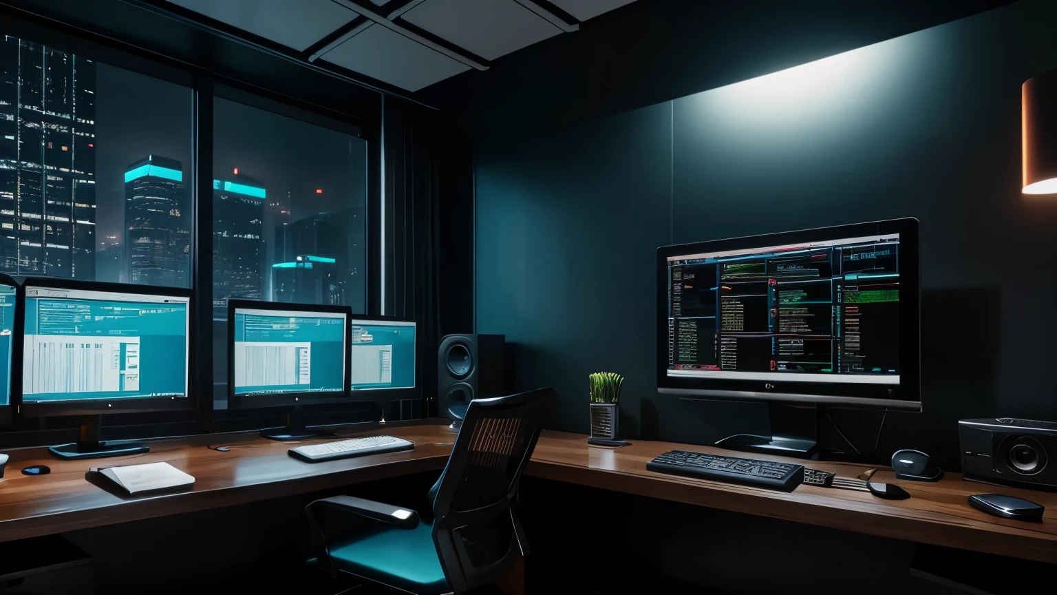 Create an atmospheric hacking wallpaper for my PC, showcasing a hacker's workspace with numerous monitors and terminals. Set the scene near a window with rain pouring down, incorporating the ambiance of a rainy day. Use a vibrant color palette to enhance the visual appeal and capture the essence of hacking in a futuristic, sleek environment. Ensure that the rain outside the window adds a dynamic and immersive touch to the overall composition.
