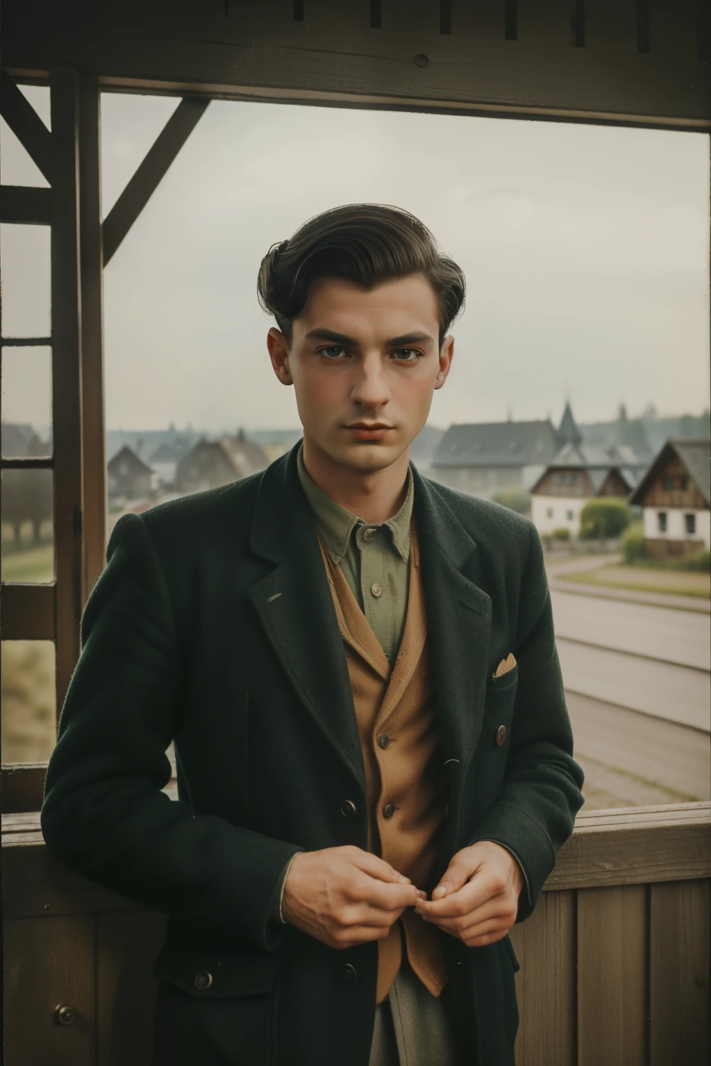Molching, Germany, 1940. landscape view, ((((24-year-old)) Max Vandenburg)), swampy eyes, thin, jewish, cunning, crafty, sharp features, indoors, with a suitcase, ((fear expression)). ((((casual poor clothings from the 1940)))), ((dark hairstyle of the 1940s))