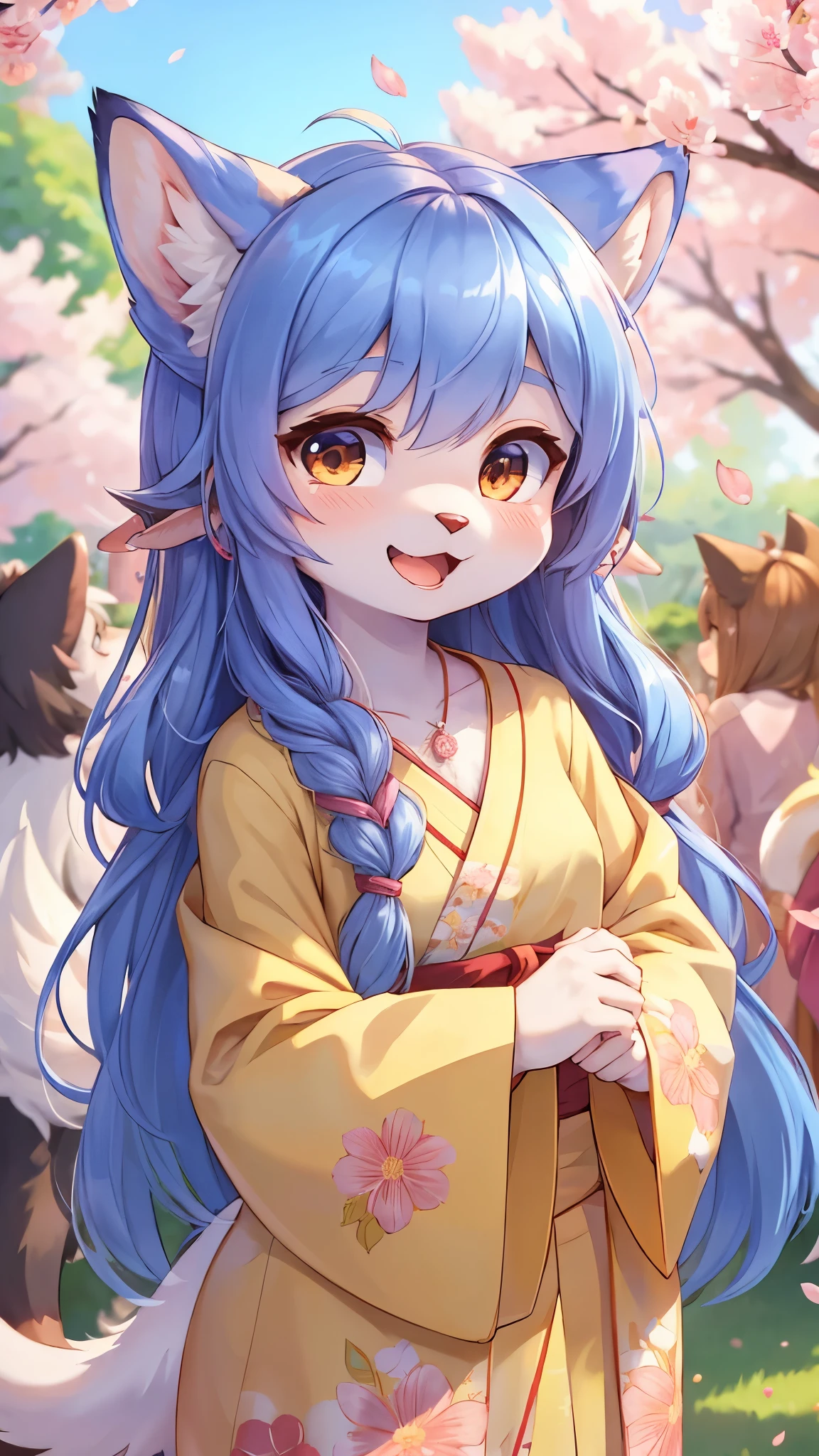 (fluffy anthro furry :1.6),(young :1.6),cat girl,small breasts,blue long hair,wavy hair,blur fur,sunbeam,sakura park,sakura petal in the air,flower hairpin,round necklace,yellow kimono with floral embroidery,looking at viewer,happy face,squinting eyes,full face blush,smile,open mouth,heart eyes,among the crowd,upper body only,selfie