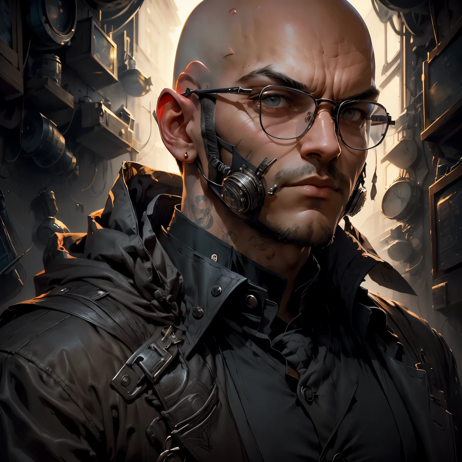 In the heart of an enchanting photograph, acclaimed artists Ilya Kuvshinov, Alessio Albi, and Nina Masic united their talents to bring forth an epic character composition. The image captures a man in full color, his upper body sinfully detailed. His bald head gleams under the soft, natural light, while his piercing gaze is framed by the rim of stylish glasses.

The man's attire adds to the intrigue; he wears a lab coat that's worn with age yet retains an air of mystery. Atop his head rests a gas mask, an unexpected and intriguing accessory that leaves viewers curious about his identity.

