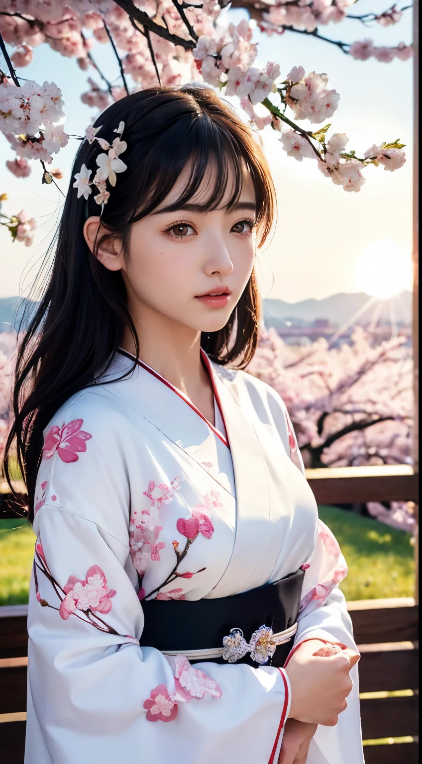(logo、masterpiece、8k、table top、RAW photo、wonderful、最high quality、Photorealistic and hvery detailed CG integrated 8k wallpaper、high quality、very detailed、Narrative poem、particle effects、dynamic effects、written boundary depth、cinematic light、Lens flare、ray tracing)、fantasy、 (1 beautiful woman、white kimono、Japan Dress、white cherry blossom pattern、White cherry blossom embroidery pattern、black haired、beautiful face、real face、beautiful details eyes beautiful skin)、Hair flutters in Wind、hair bounces、pink cherry tree、petals dance、SakuraFubuki、wonderful景色、sunrise、sun on background、Wind、god々、teeth、god話、vast land