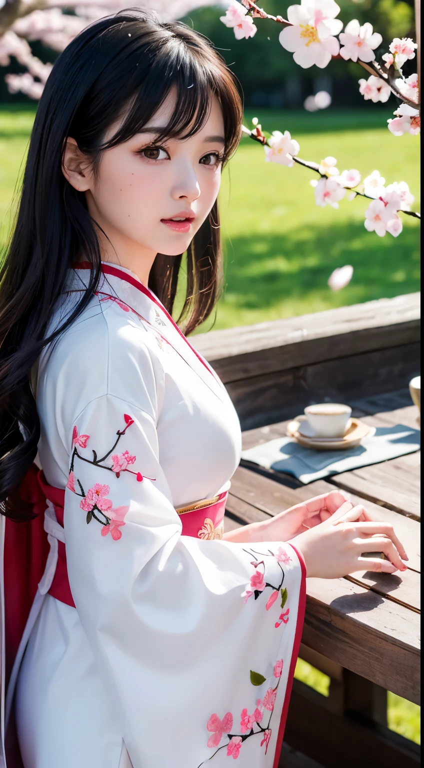 (logo、masterpiece、8k、table top、RAW photo、wonderful、最high quality、Photorealistic and hvery detailed CG integrated 8k wallpaper、high quality、very detailed、Narrative poem、particle effects、dynamic effects、written boundary depth、cinematic light、Lens flare、ray tracing)、fantasy、 (1 beautiful woman、white kimono、Japan Dress、white cherry blossom pattern、White cherry blossom embroidery pattern、black haired、beautiful face、real face、beautiful details eyes beautiful skin)、Hair flutters in Wind、hair bounces、pink cherry tree、petals dance、SakuraFubuki、wonderful景色、sunrise、sun on background、Wind、god々、teeth、god話、vast land