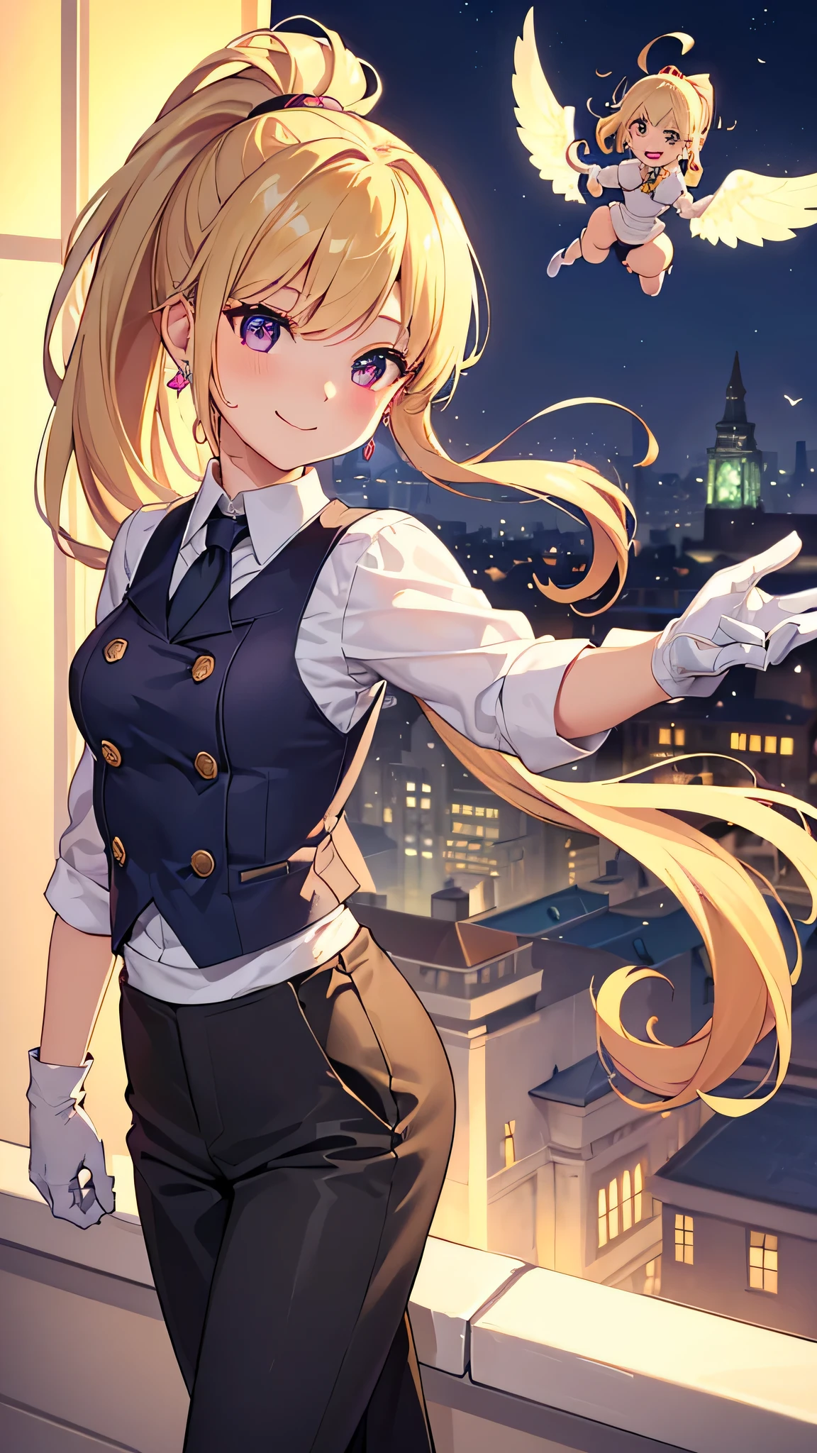 最high quality、best image quality、masterpiece、girl((20-year-old、 By becoming、vest bust、medium bust,wide open breast tea、shining eyes, blonde、long hair、thin,highest valley、ponytail、Very short shirt、short belly sports pants、cool pose、Please bring your smartphone、sweating、smile、forward leaning movement、diamond earrings、white gloves)),high quality、beautiful art、background((Rooftop with great atmosphere at night、beautiful illumination))、Flight、debris flies、Depth of written boundary、movie、visual art、perfect art、8k,genuine、