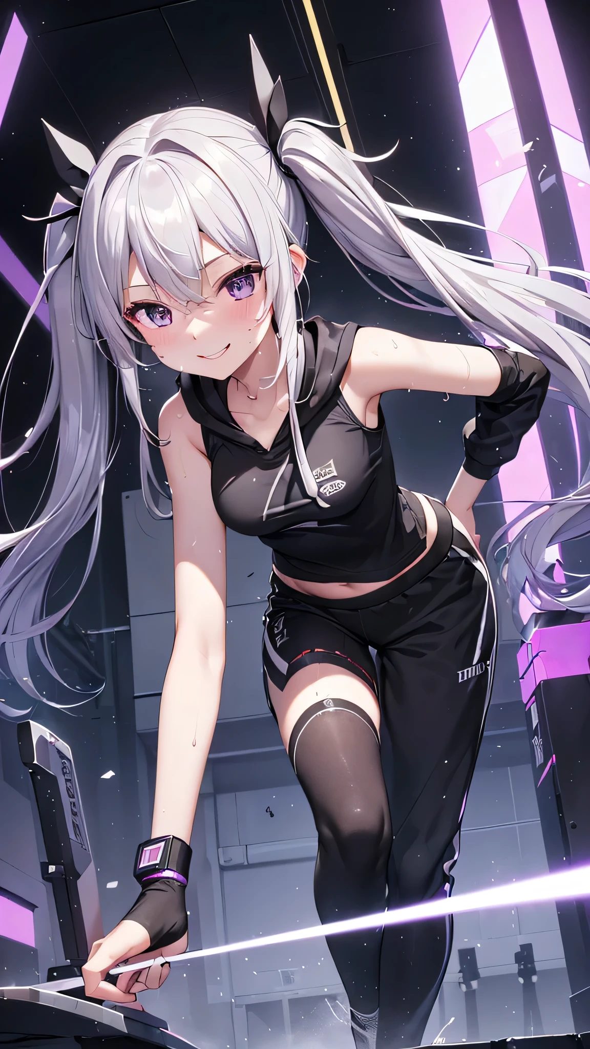 最high quality、best image quality、masterpiece、girl((20-year-old、 By becoming、vest bust、medium bust,wide open breast tea、shining eyes, silver hair、long hair、thin,highest valley、twin tails、right arm bandage、Black and purple hoodie with a wide open chest、short belly sports pants、cool pose、holding a black smartphone、sweating、smile、forward leaning movement)),high quality、beautiful art、background((cyber sports gym))、Flight、debris flies、Depth of written boundary、movie、visual art、perfect art、8k,genuine、