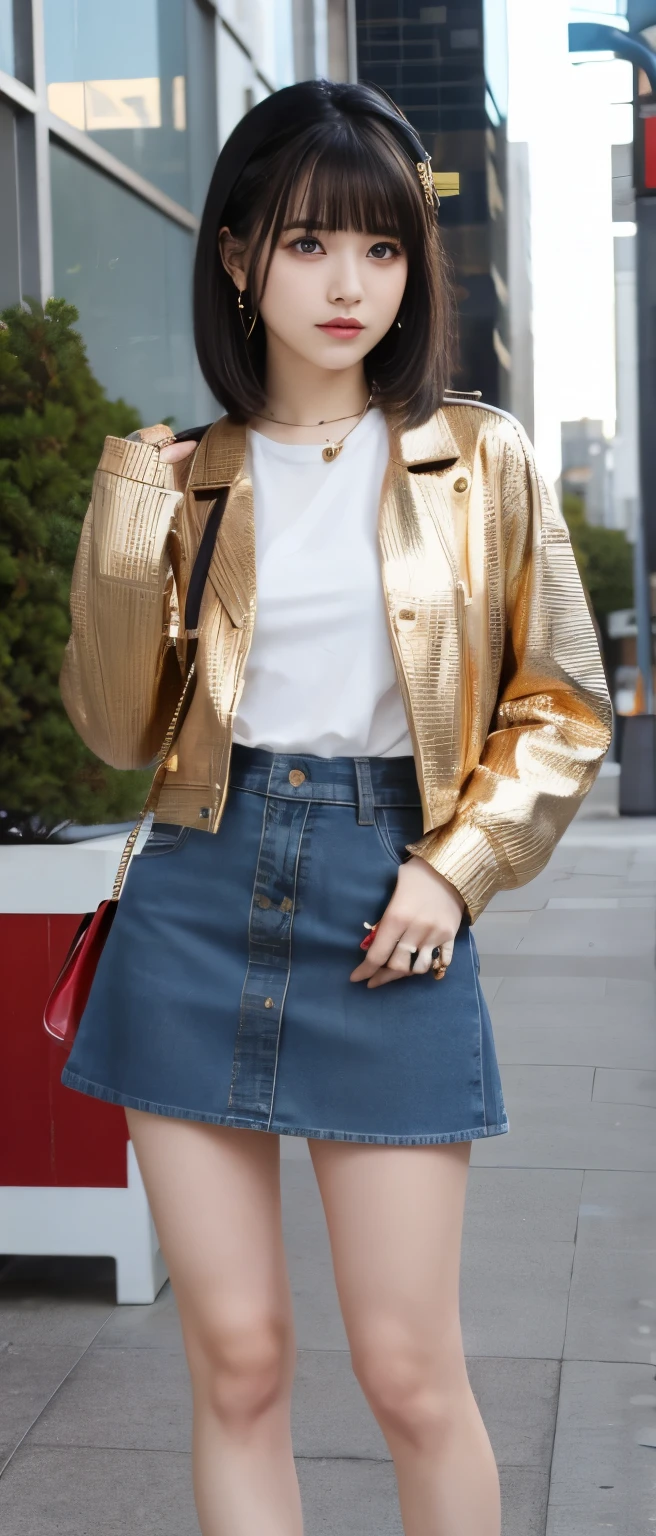 punk idol、Full body Esbian、gold jacket、denim mini skirt、