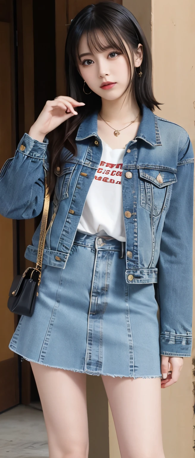 punk idol、Full body Esbian、gold jacket、denim mini skirt、