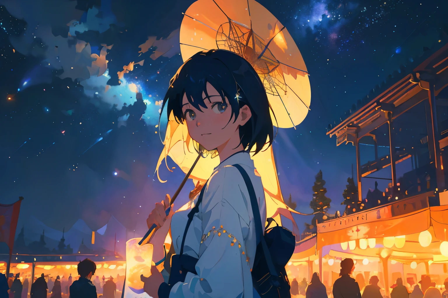Create exquisite illustrations reminiscent of Makoto Shinkai's style, It has ultra-fine details and top-notch quality. Generate a high-quality illustration depicting a beautiful girl enjoying a festival in a fantastical space setting. Ensure that the overall composition exudes a sense of fantasy and intricacy, with vibrant colors and mesmerizing details capturing the enchanting atmosphere of the cosmic festival. Pay attention to the celestial scenery, colorful cosmic decorations, and the joyful expressions on the girl's face as she revels in the festivities. Aim for a finely crafted artwork that transports viewers to a magical and awe-inspiring space celebration best quality, masterpiece