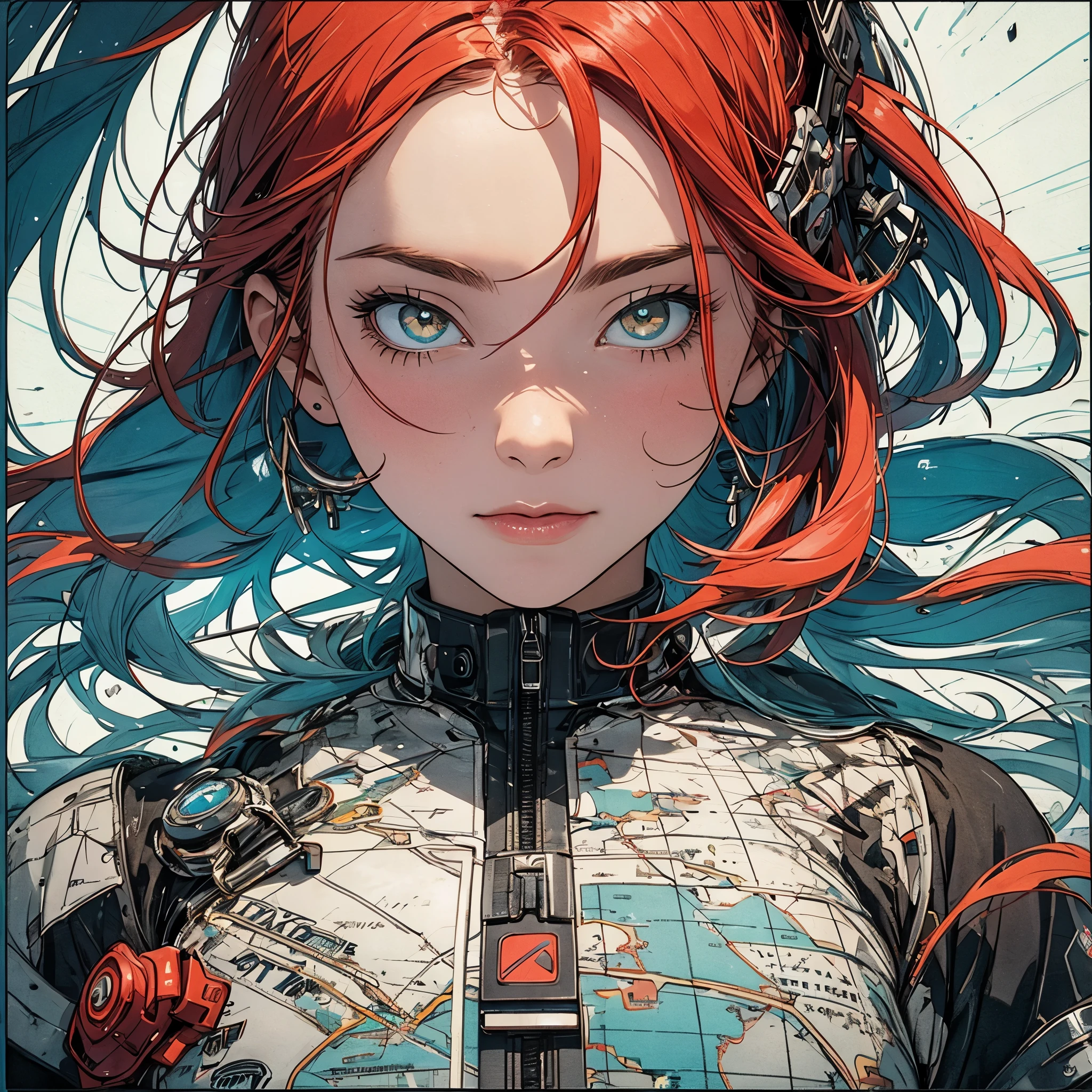 (masterpiece, highest quality), 32K,(highly detailed beautiful woman), poster,SF,1960s,1970s,bauhaus, shape, abstract,movie poster, vintage,retro,futuristic anime,ultimate map,highlight,highly detailed glowing eyes,cleavage,complicated pattern,Red hair