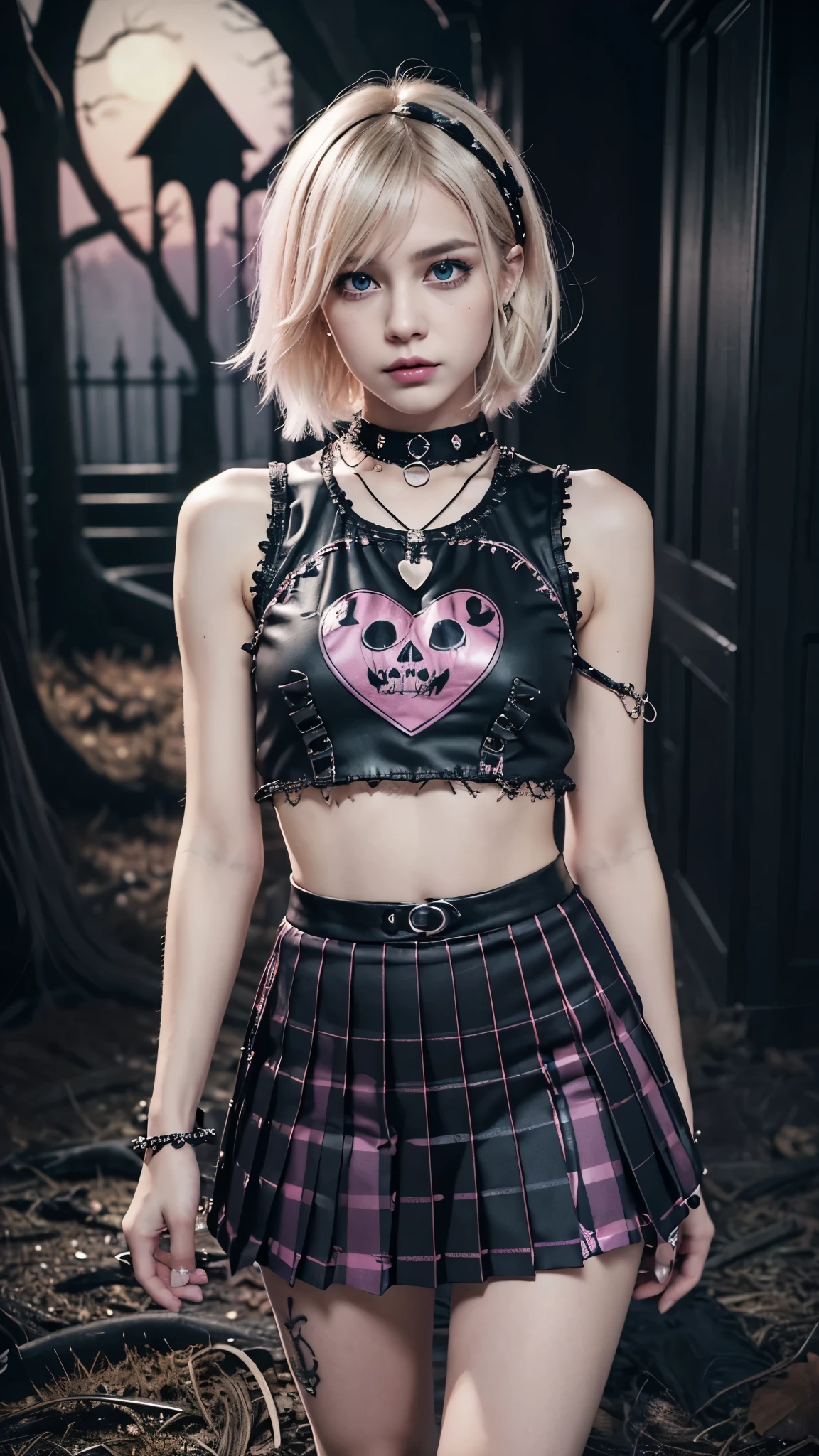 (Ultra-detailed eyes), (((textile shading))), (((Best Quality))), (((masutepiece))), (((Ultra-detailed CG))), sassy girl, (((magical ))), (), (tiny chest), blonde hair, blonde hair, blonde hair, blonde hair, Spooky Season In Punk hairstyle, ((short hair, gorgeous hair)), Pink eyes, (((Spooky Season In Punk Outfits))), ((spooky punk a pose)), (((Game CG)) (gorgeous, sassy, it girl), fancy jewelry, haunted house, dark day, strong Spooky Season In Punk atmosphere, strong haunted house atmosphere, cowboy shot, midshot, centered image, eye on camera, heart panel baby tee, black pleated mini skirt, pastel color