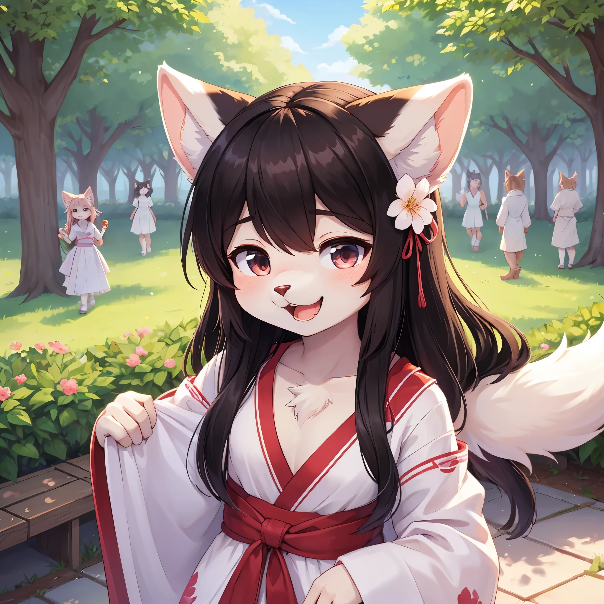 (fluffy anthro furry :1.6),(young :1.6),cat girl,small breasts,black long hair,pnik fur,sunbeam,sakura park,sakura petal in the air,flower hairpin,white kimono with floral embroidery,looking at viewer,desire face,squinting eyes,full face blush,smile,open mouth,heart eyes,among the crowd,upper body only