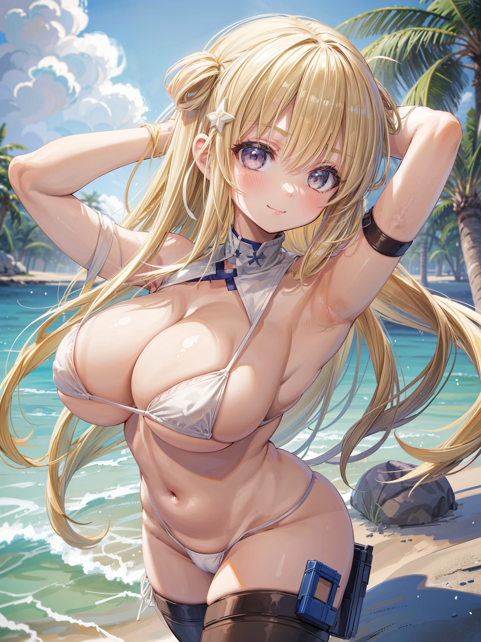 (masutepiece, Best Quality, high resolution, Perfect Pixel, depth of fields, 4K)), absurdres, highres, (official art, beautiful and aesthetic:1.2), ultra detail, dynamic angle, looking at viewer, from below, 1 girl, ((solo)), (FletcherMKIIKC :1.5), (blonde hair:1.1), (long hair:1.2), ((hair ornament1.5)), long eyelashes, long eyebrows, smile, thighhighs, (huge breasts:1.2), (puffy nipples:1.1), (huge areola:1.5), (cleavage:1.5), (((micro bikini:1.20))), ((arm up, behind head:1.5)), beach, day,