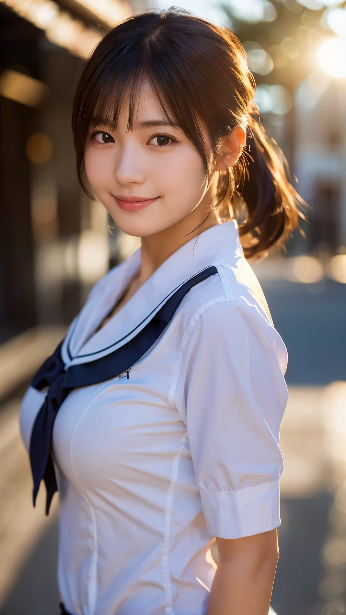 (highest quality,masterpiece:1.3,ultra high resolution),(Super detailed,caustics,8k),(photorealistic:1.4,RAW shooting),1 girl,(smile and look down at the camera),(front shot:1.1),(face forward),18-year-old,cute,Japanese,black short ponytail,school uniform,glamorous,(big boobs),( close up),(breast focus),street,sunshine,Natural light,(Backlight),(A bright light shines from behind),(Lens flare),professional writing,(cowboy shot),(low position:1.4),(Low - Angle:1.4)