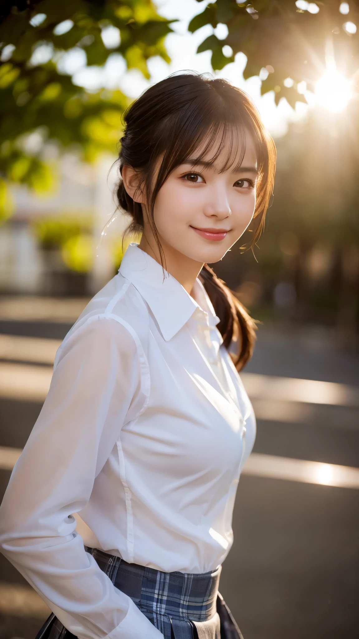 (highest quality,masterpiece:1.3,ultra high resolution),(Super detailed,caustics,8k),(photorealistic:1.4,RAW shooting),1 girl,(smile and look down at the camera),(front shot:1.1),(face forward),18-year-old,cute,Japanese,black short ponytail,school uniform,glamorous,(big boobs),( close up),(breast focus),street,sunshine,Natural light,(Backlight),(A bright light shines from behind),(Lens flare),professional writing,(cowboy shot),(low position:1.4),(Low - Angle:1.4)
