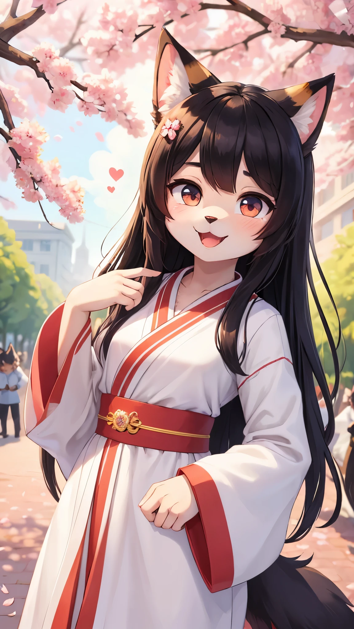 (fluffy anthro furry :1.6),(young :1.6),cat girl,small breasts,black long hair,pnik fur,sunbeam,sakura park,sakura petal in the air,flower hairpin,white kimono with floral embroidery,looking at viewer,desire face,squinting eyes,full face blush,smile,open mouth,heart eyes,among the crowd,upper body only