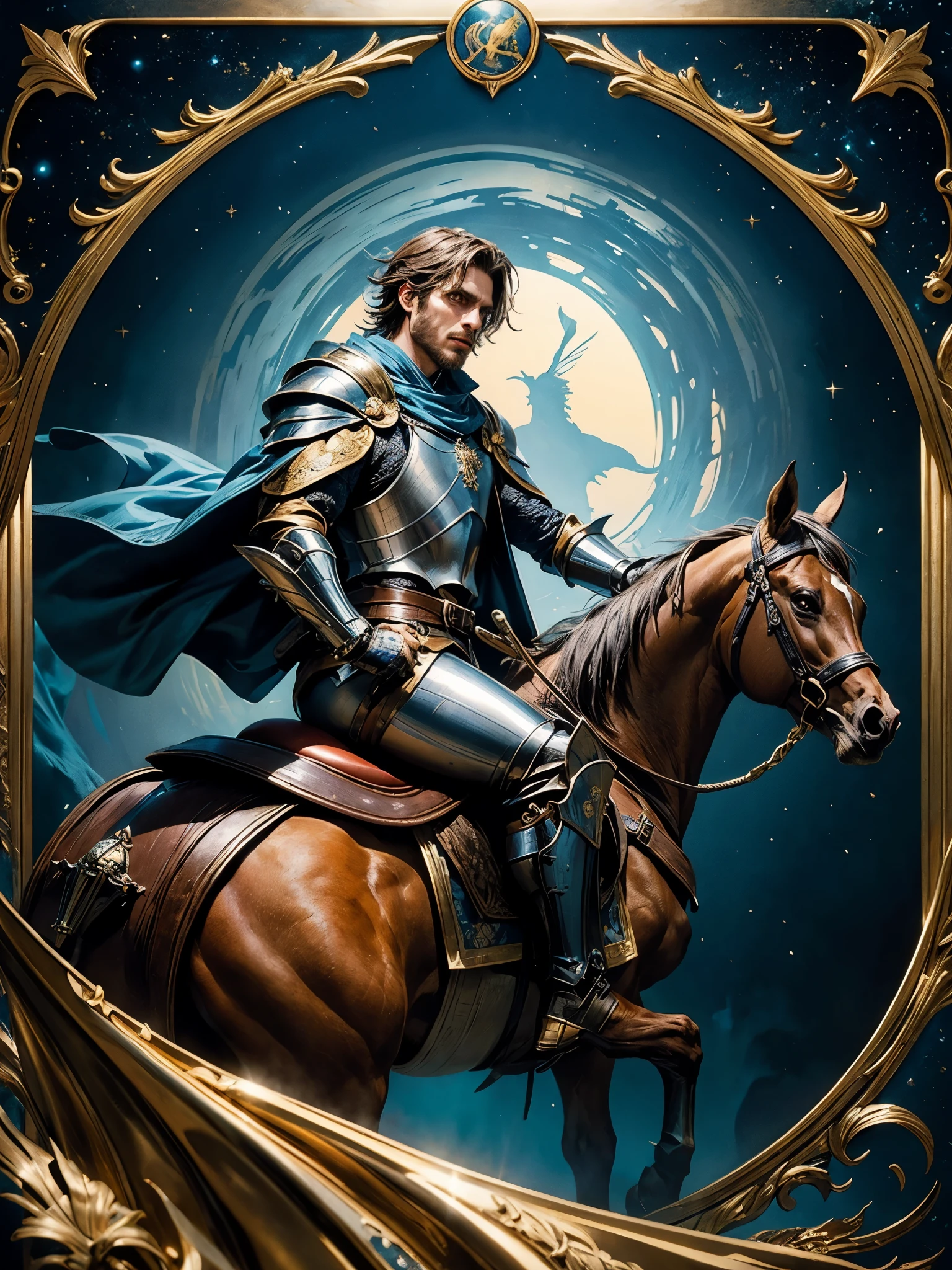 knight of cups tarot card, knight on horseback with an ancient cup in his handl, stylized in blue and gold colors, full hd, hyper realistic, the best quality