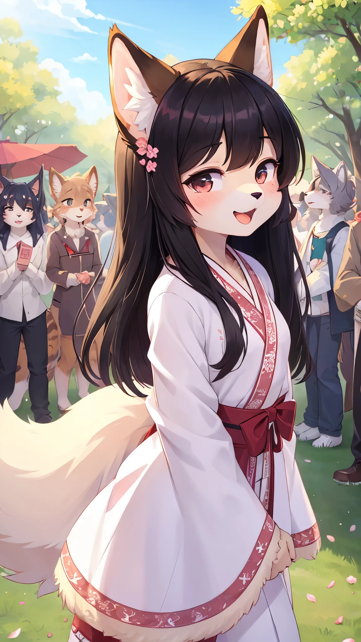 (fluffy anthro furry :1.6),(young :1.6),cat girl,small breasts,black long hair,pnik fur,sunbeam,sakura park,sakura petal in the air,flower hairpin,white kimono with floral embroidery,looking at viewer,desire face,squinting eyes,full face blush,smile,open mouth,heart eyes,among the crowd,upper body only,right side view