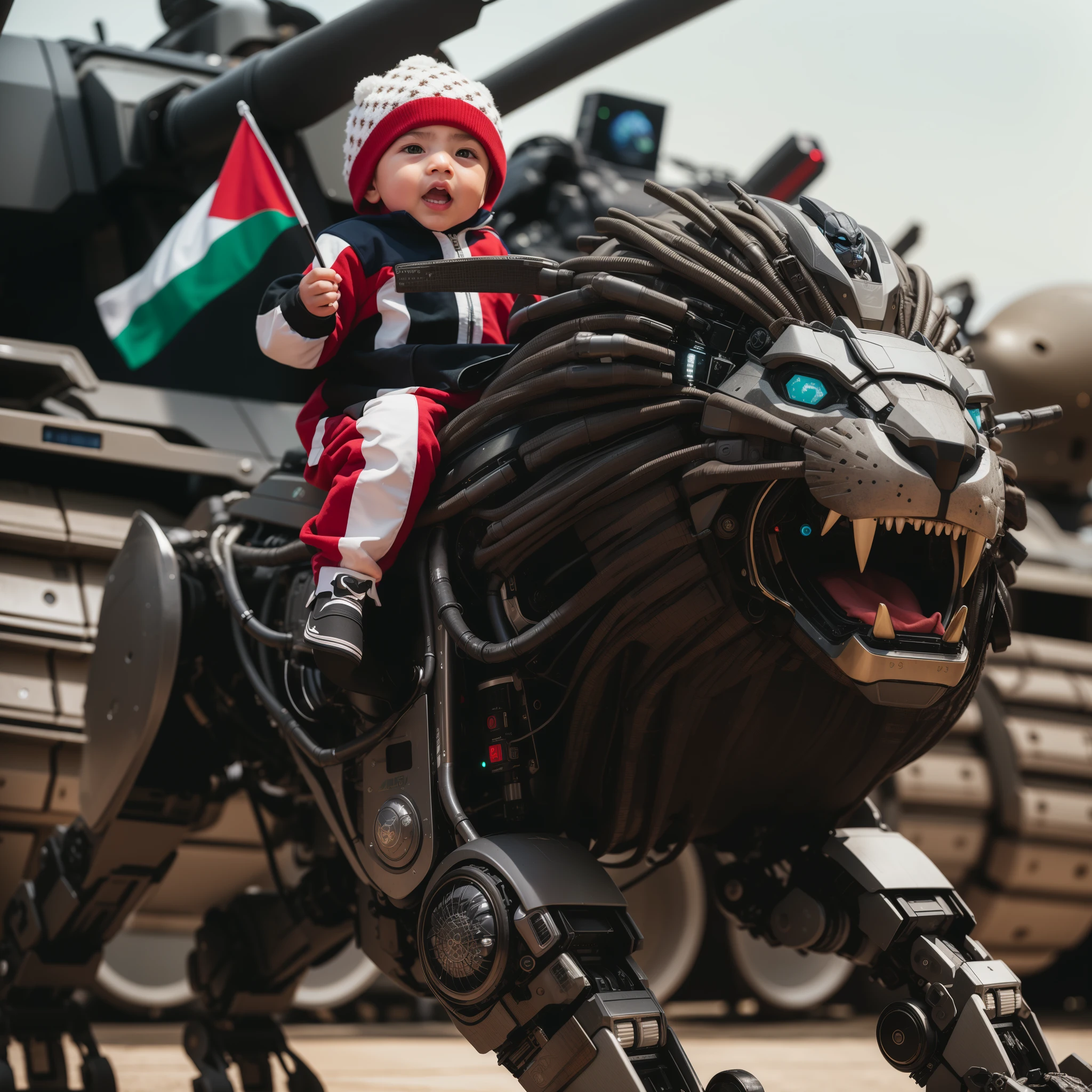 there is a baby boy sitting on a mecha lion, robot lion, lioj robotic, by Emma Andijewska, by Matija Jama, by Adam Marczyński, by Daniel Lieske, future warrior, next gen, by Julia Pishtar, by Alexander Fedosav, very accurate photo, robot lion, by Bernardino Mei, saudi futuristic warrior mecha