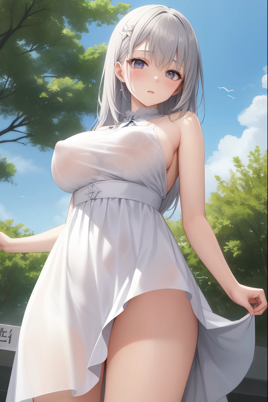 :1.2、、white dress、Grab the skirt with Hand Masterpiece、highest quality、very detailed、Very realistic eye masterpiece、highest quality、very detailed、1 girl、NSFW、nipple、avoid、See-through、outdoors、crowd、gray hair、No panties、from below、pussy、love juice、big breasts、center of attention、white sundress、、shoulder strap、真from below、lift the skirt with one hand、hand、embarrassed look、in front of people、sit、from below、