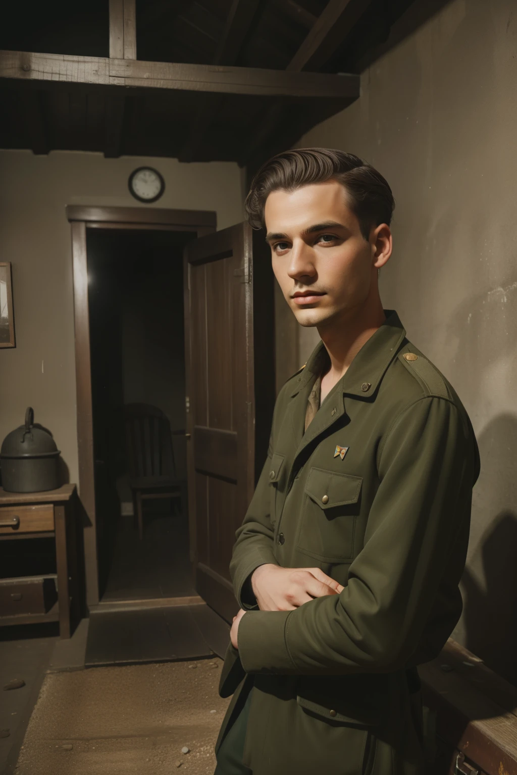 Molching, Germany, 1940. landscape view, ((((24-year-old)) Max Vandenburg)), swampy eyes, thin, jewish, cunning, crafty, sharp features, in the basement, with a suitcase, ((fear expression)). ((((casual poor clothings from the 1940)))), ((dark hairstyle of the 1940s))