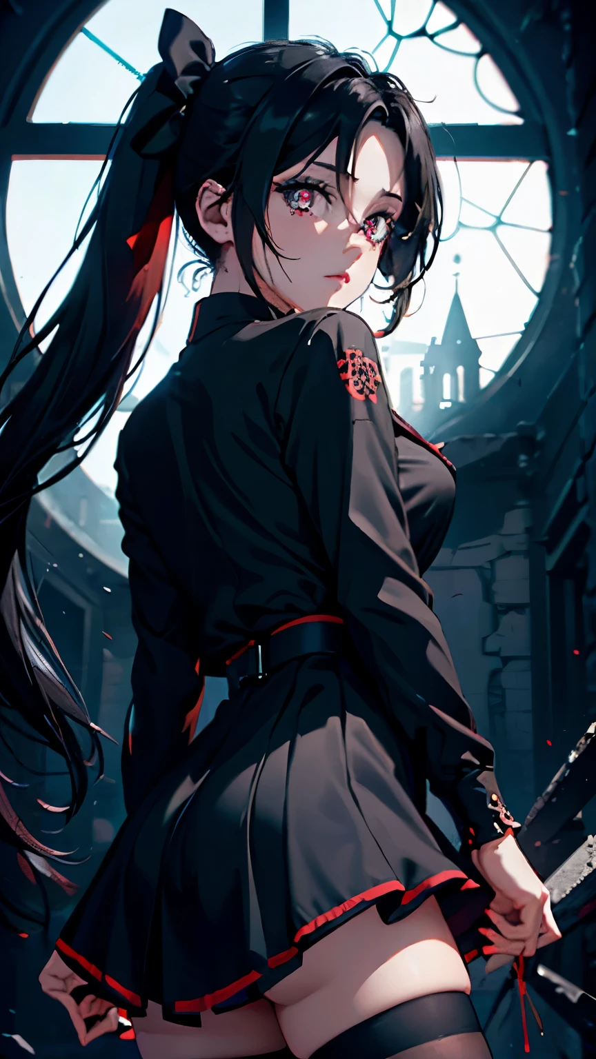 1 girl ,(big Stigmata) , ruined church, bloody rosary , (floating hair, floating skirt), ((blood sea)),from side, character focus, ((black light)),((dark lighting)), cinematic lighting ,(darkness), (concept art), ((rape face)) ,black long straight hair, black hair, pigtail hairstyles, long straight pigtails, hair ribbon , red eyes color, short black dress, tight black dress, absolute territory, thigh high socks, (glowing eyes), high resolution,(incredibly absurdres) ,extremely detailed CG unity 8k wallpaper, ((masterpiece)), ((top-quality)), (beautiful illustration), ((an extremely delicate and beautiful)), (masterpiece, Best quality, ultra high resolution), Black hair, pale skin, Black Crown, red eyes, Luminous_eyes, neon eyes, ultra detailed eyes, Beautiful and detailed face, detailed eyes, (Centered, torso), (tears), (wide shot:0.9), facing the viewer, Eye levell