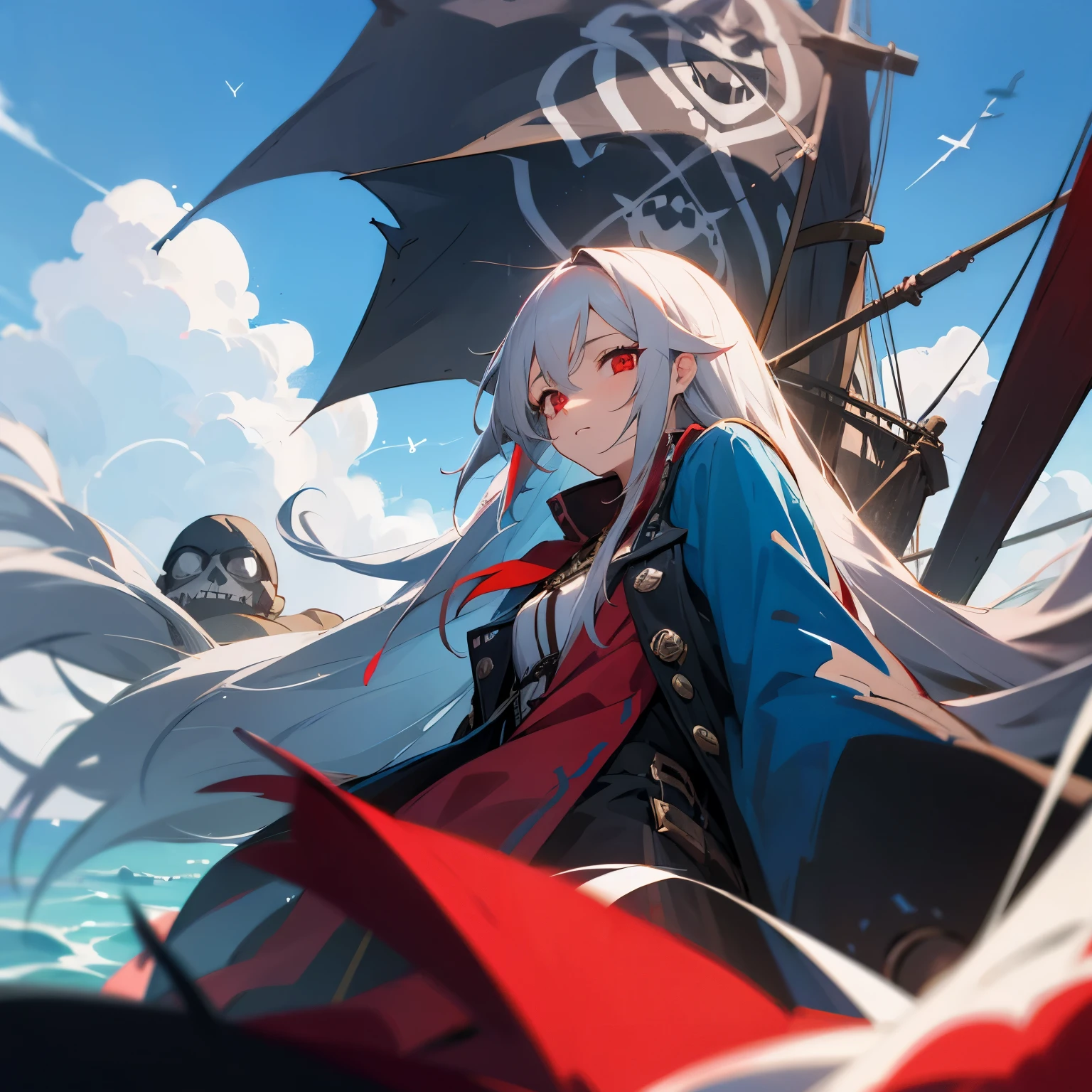 girl long hair gray hair red eye pirate blue sky