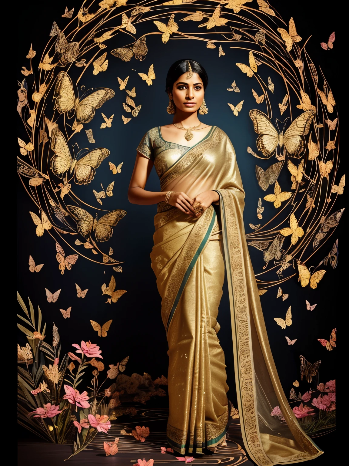 A digital illustration of a woman in a sari surrounded by butterflies and blooming flowers. The entire scene is rendered in a glowing [gold] line art style against a pure [gloss black] background. The woman is depicted in a serene position, her body and the other elements of the illustration formed by elegant, flowing lines that suggest movement and harmony. The butterflies and flowers are detailed, adding a natural, organic contrast to the smooth lines of the woman and the flowing lines of the sari. This image combines elements of fantasy and realism, capturing a moment of tranquility.