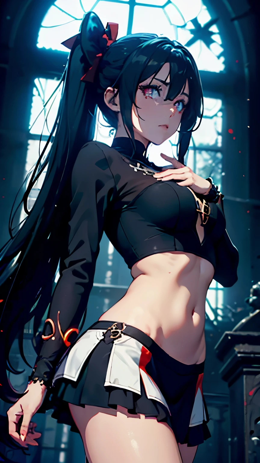 1 girl ,(big Stigmata) , ruined church, bloody rosary , (floating hair, floating skirt), ((blood sea)),from side, character focus, ((black light)),((dark lighting)), cinematic lighting ,(darkness), (concept art), ((rape face)) ,black long straight hair, black hair, pigtail hairstyles, long straight pigtails, hair ribbon , red eyes color, short black dress, tight black dress, absolute territory, thigh high socks, (glowing eyes), high resolution,(incredibly absurdres) ,extremely detailed CG unity 8k wallpaper, ((masterpiece)), ((top-quality)), (beautiful illustration), ((an extremely delicate and beautiful)), (masterpiece, Best quality, ultra high resolution), Black hair, pale skin, Black Crown, red eyes, Luminous_eyes, neon eyes, ultra detailed eyes, Beautiful and detailed face, detailed eyes, (Centered, torso), (tears), (wide shot:0.9), facing the viewer, Eye levell